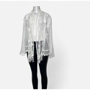 White Lace Cover-Up Kimono Duster Fringe Cotton Blend Fairy Core Angel Boho L Xl